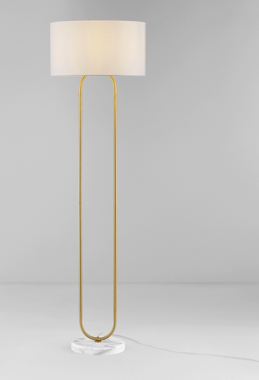 NL Melena Brass Gold Floor Light, White Fabric Shade, Marble Base - ID 14674