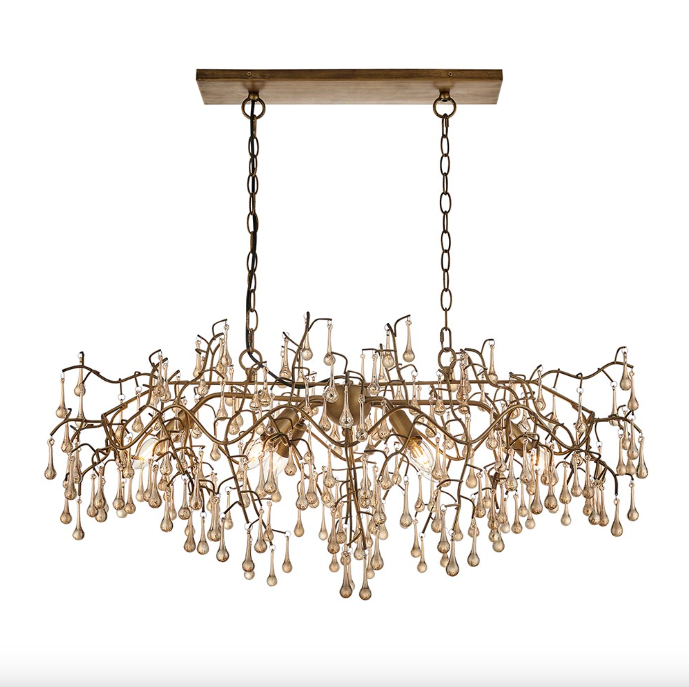 Linear Champagne Lustre Glass Teardrop Chandelier With Aged Gold Metalwork - ID 104242