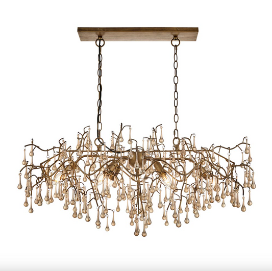 Linear Champagne Lustre Glass Teardrop Chandelier With Aged Gold Metalwork - ID 13349