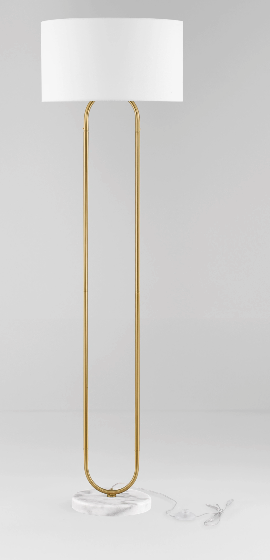 NL Melena Brass Gold Floor Light, White Fabric Shade, Marble Base - ID 14674