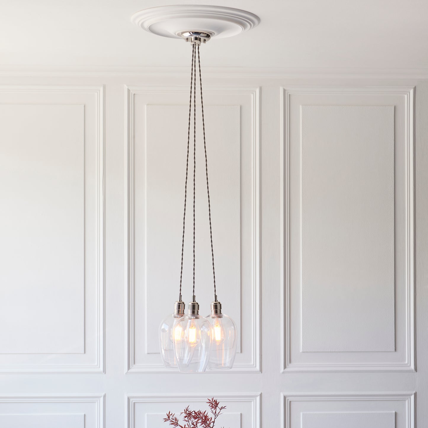 3 Light Wine Glass Cluster Pendant in Polished Nickel with Clear Glass - ID 14901