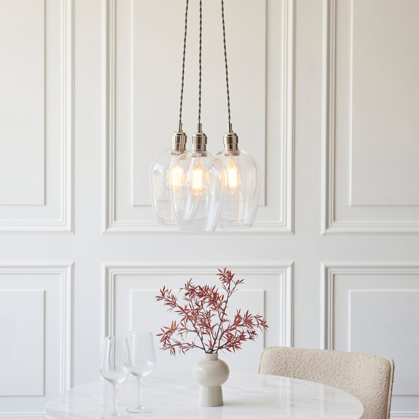 3 Light Wine Glass Cluster Pendant in Polished Nickel with Clear Glass - ID 14901