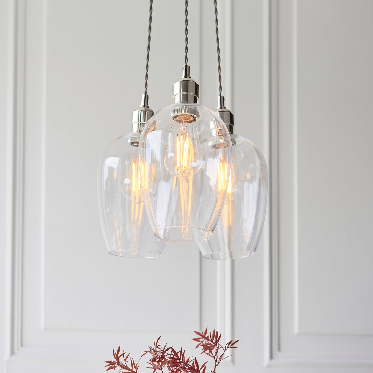 3 Light Wine Glass Cluster Pendant in Polished Nickel with Clear Glass - ID 14901
