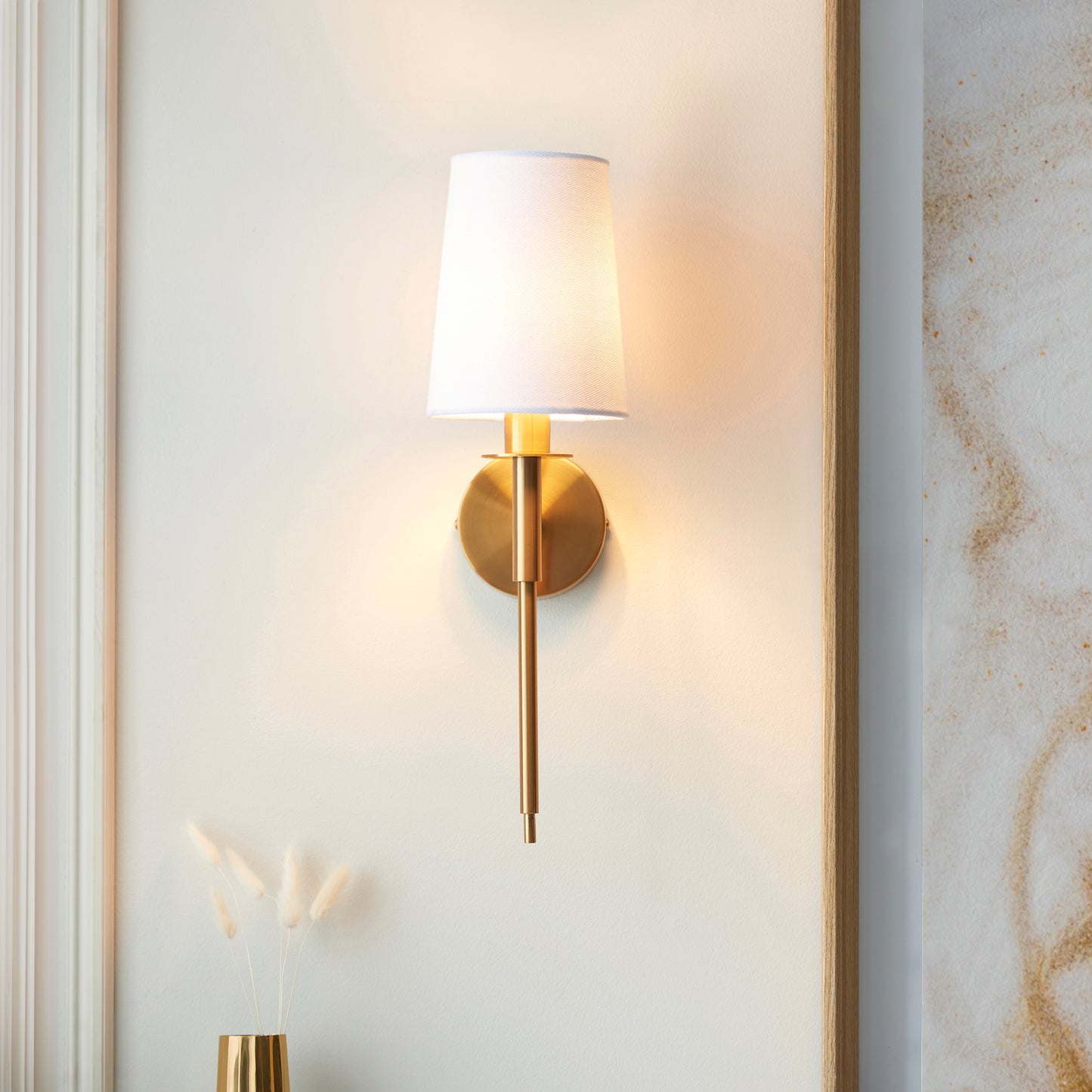 Vintage Brass Slimline Wall Light With White Fabric Shade - ID 14142