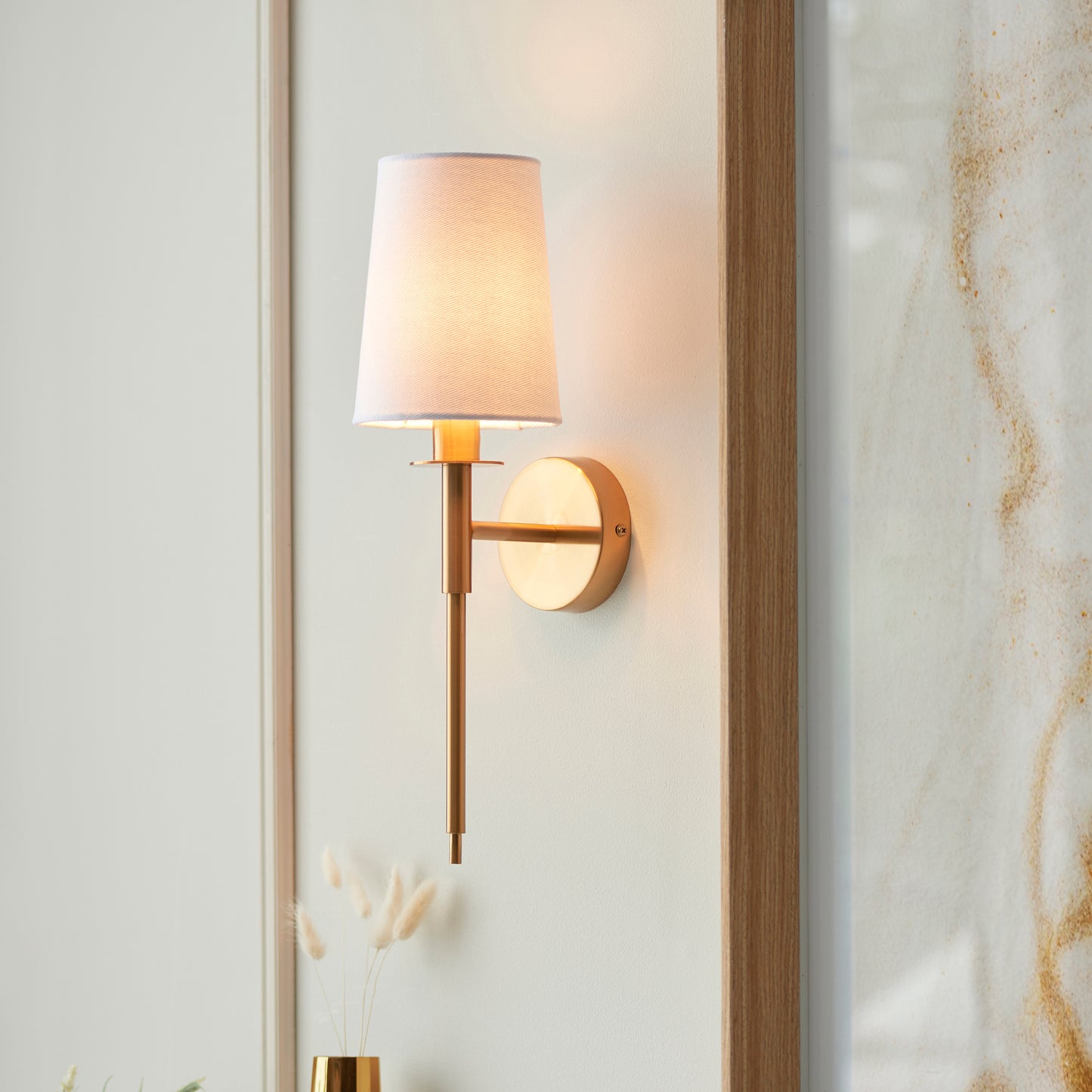 Vintage Brass Slimline Wall Light With White Fabric Shade - ID 14142