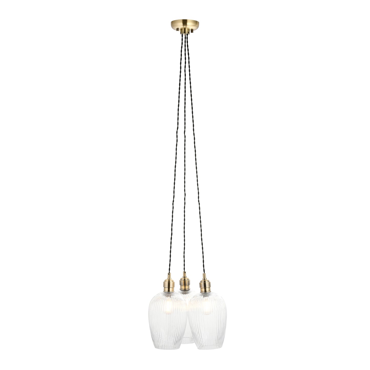 3 Light Wine Glass Cluster Pendant in Antique Brass with Clear Ribbed Glass - ID 14907