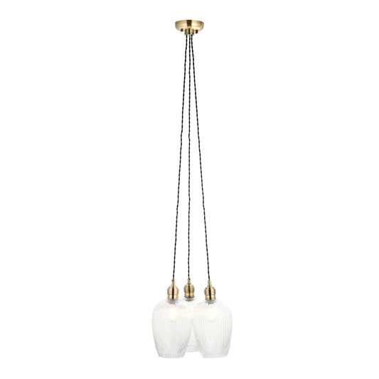 3 Light Wine Glass Cluster Pendant in Antique Brass with Clear Ribbed Glass - ID 14907