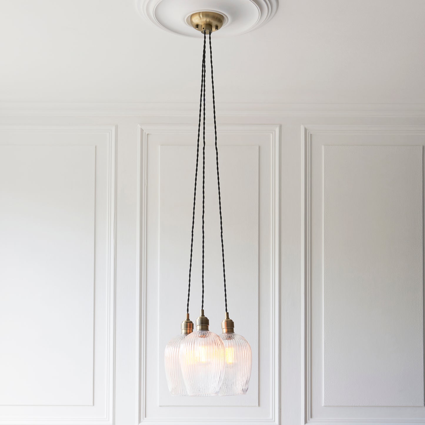 3 Light Wine Glass Cluster Pendant in Antique Brass with Clear Ribbed Glass - ID 14907