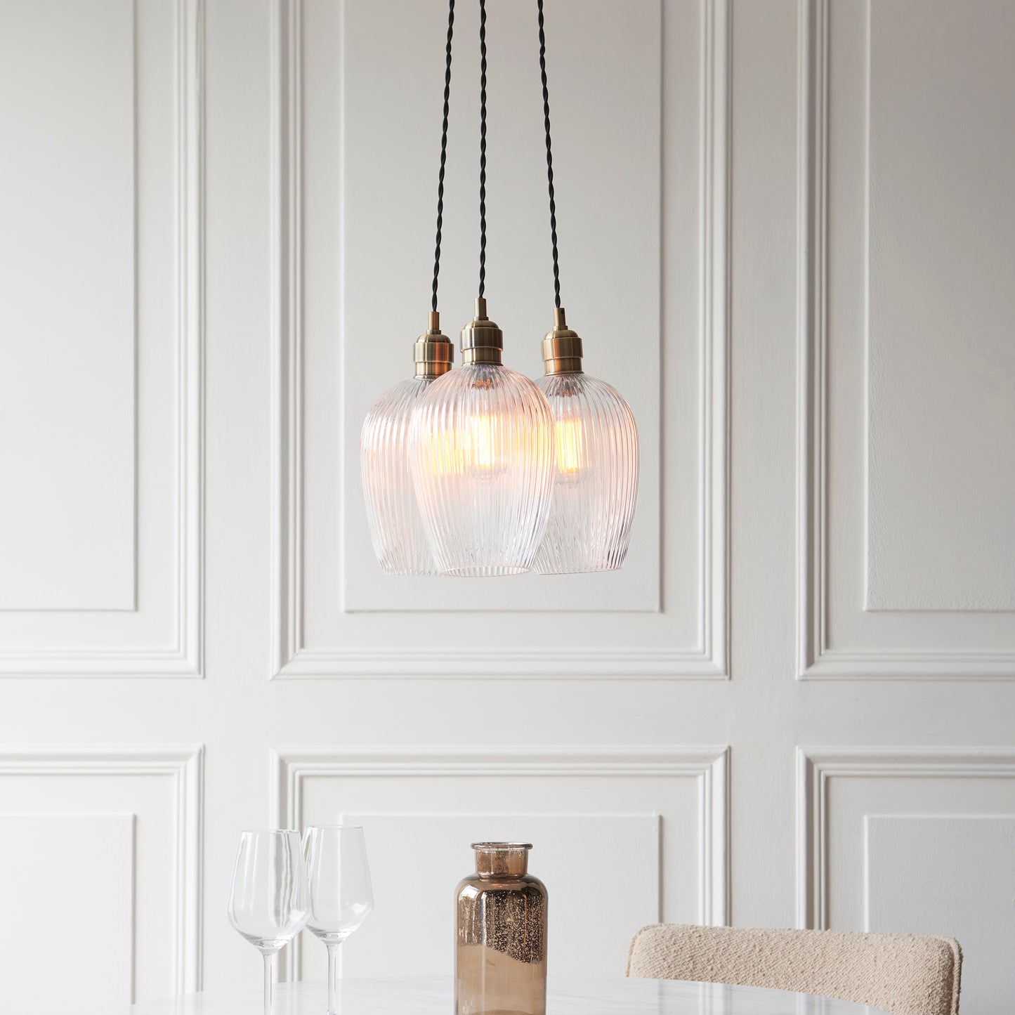 3 Light Wine Glass Cluster Pendant in Antique Brass with Clear Ribbed Glass - ID 14907