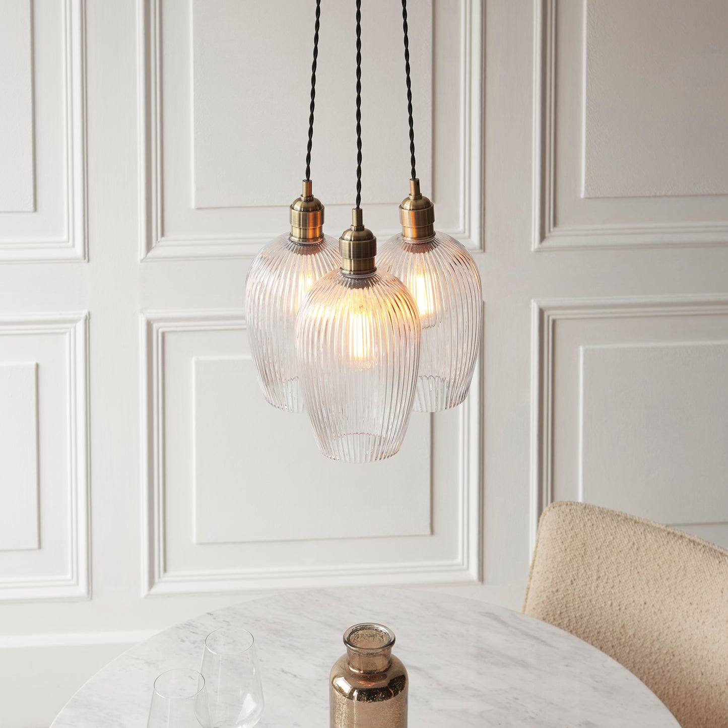 3 Light Wine Glass Cluster Pendant in Antique Brass with Clear Ribbed Glass - ID 14907