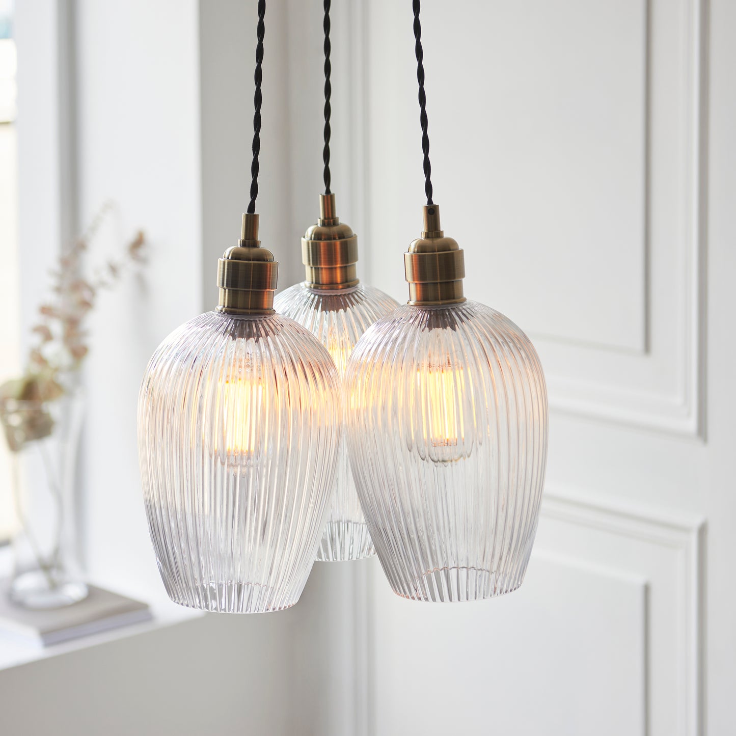3 Light Wine Glass Cluster Pendant in Antique Brass with Clear Ribbed Glass - ID 14907