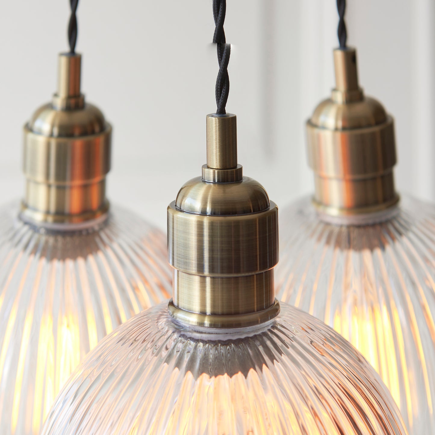 3 Light Wine Glass Cluster Pendant in Antique Brass with Clear Ribbed Glass - ID 14907