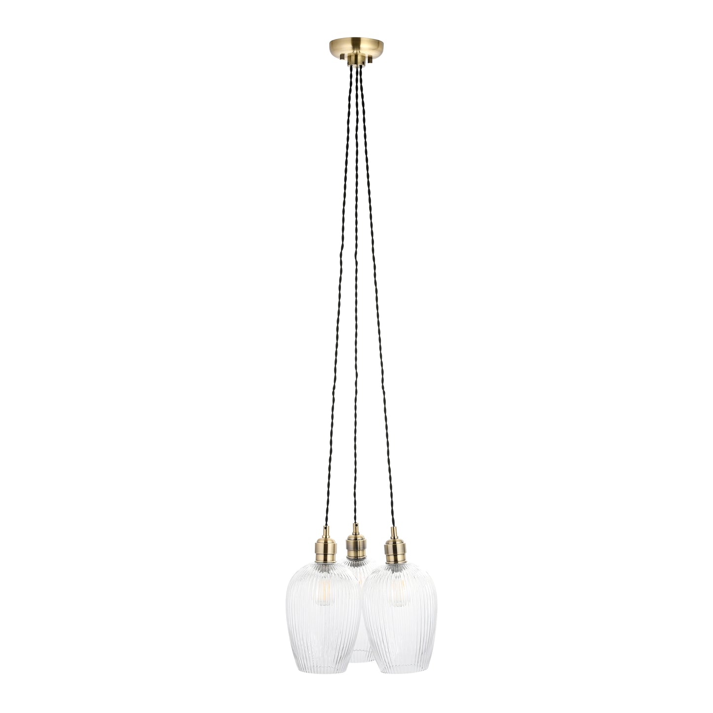 3 Light Wine Glass Cluster Pendant in Antique Brass with Clear Ribbed Glass - ID 14907