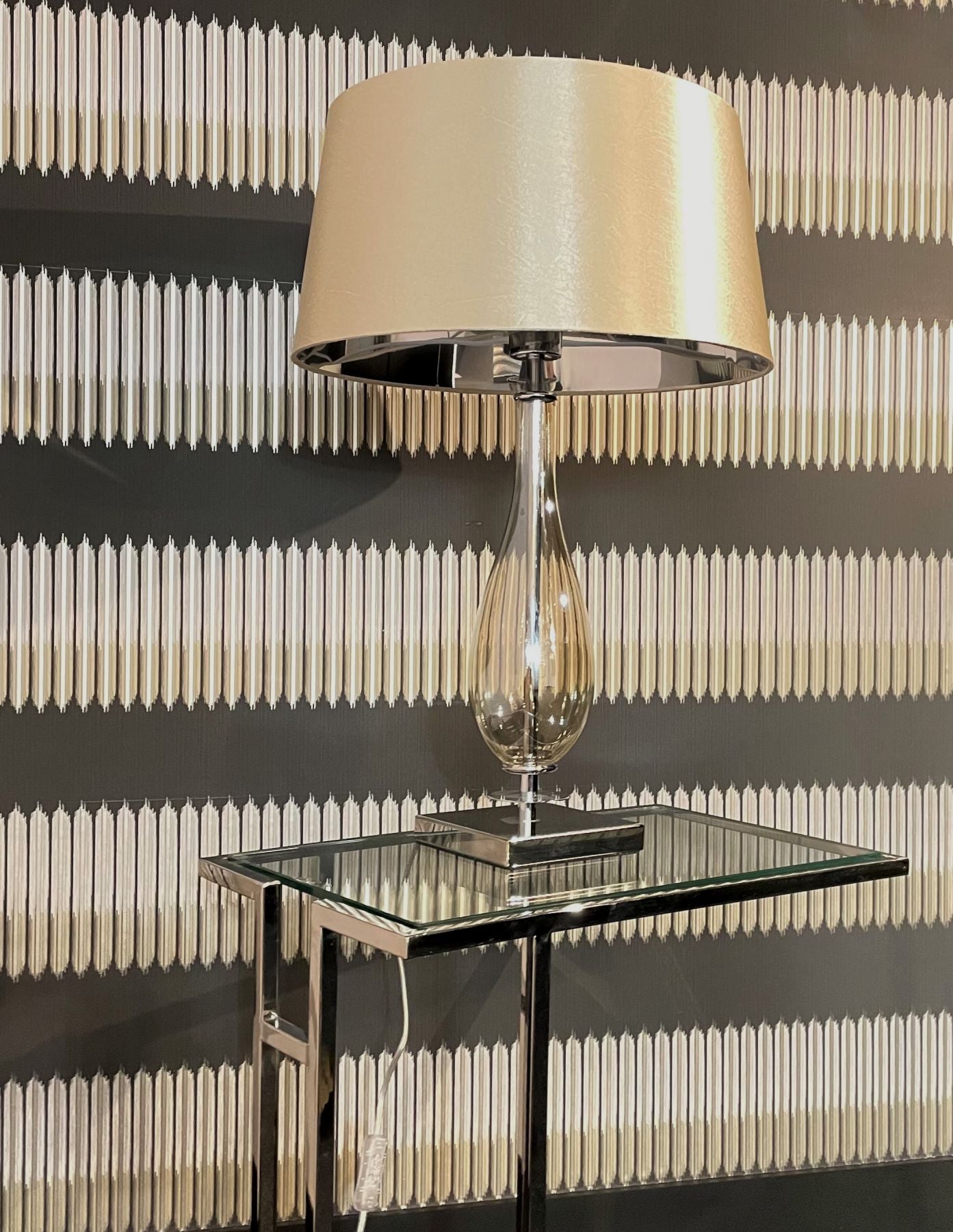 DIO Amber Glass Table Lamp with Golden Satin Tapered Shade - ID 13329