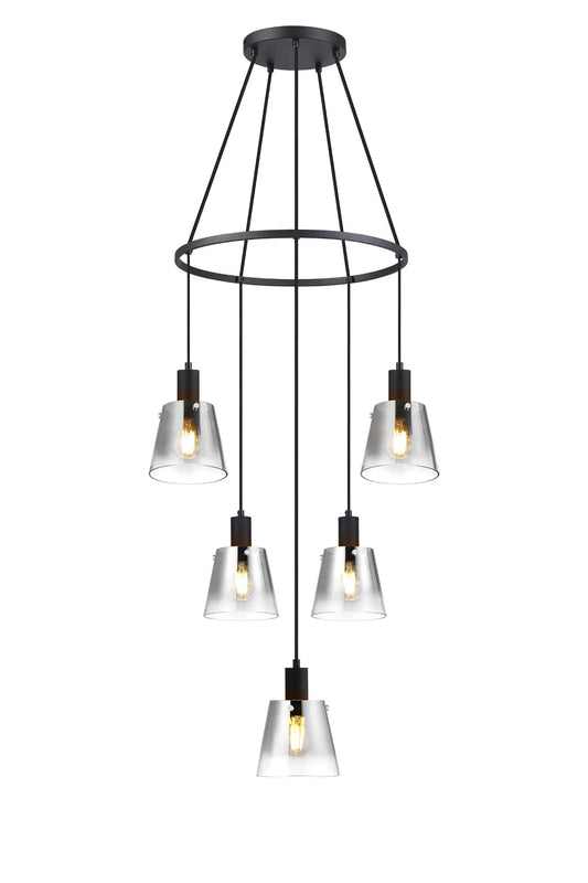 Bespoke 5 Light Stairwell Ring Pendant Black Metalwork & Custom Glass - ID 13784