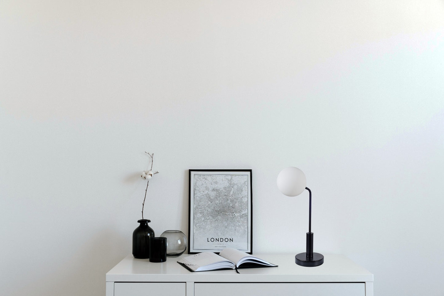 LAN Matt Black Table Light with Opal Orb - ID 13332