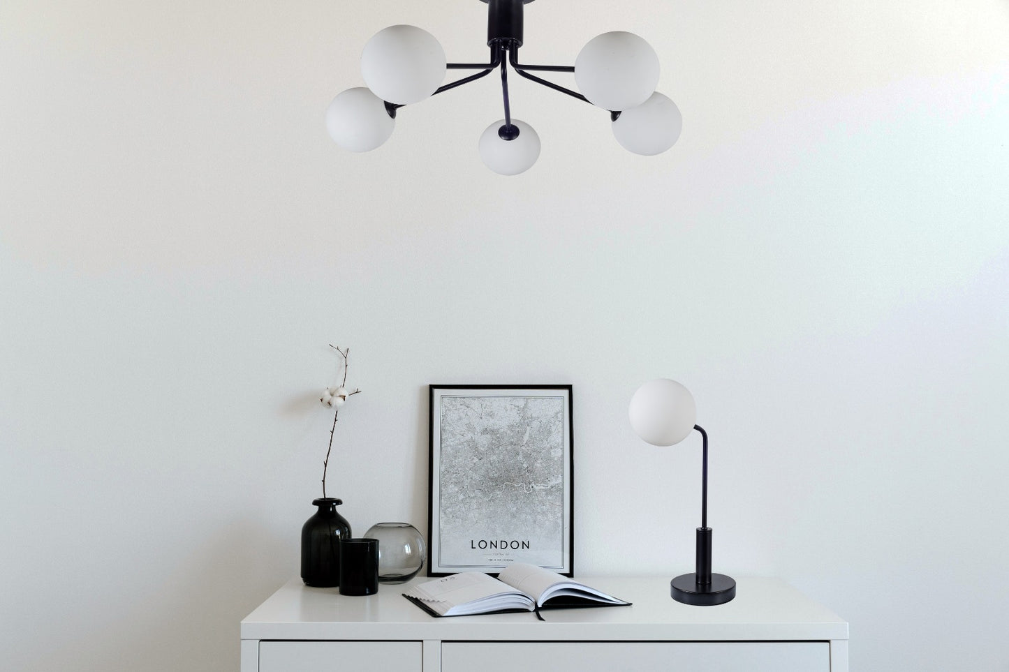 LAN Matt Black Table Light with Opal Orb - ID 13332