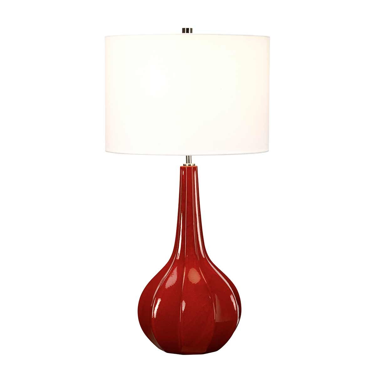 Red Glazed Ceramic Table Lamp with White faux Linen Shade -  ID 13410