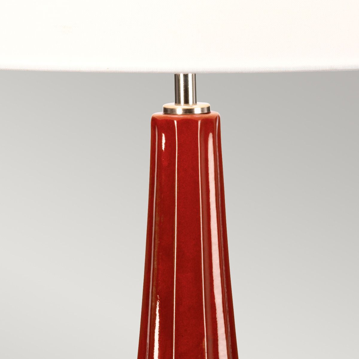 Red Glazed Ceramic Table Lamp with White faux Linen Shade -  ID 13410