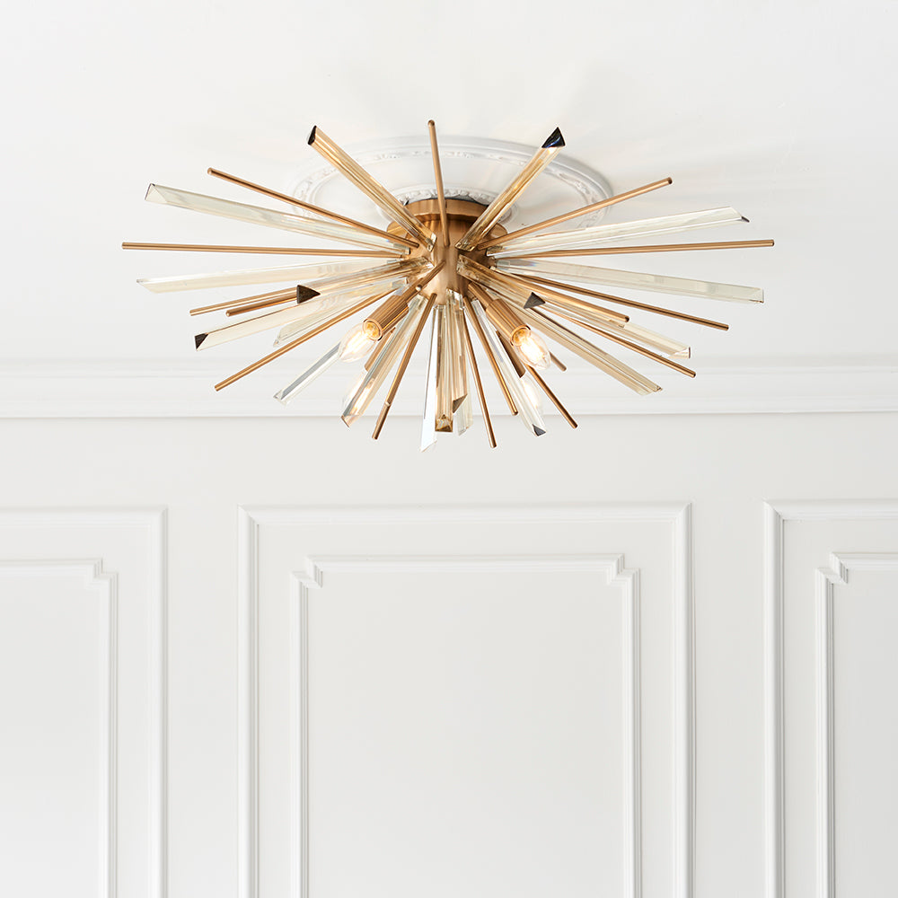Antique Brass & Champagne Tint Cut Glass Semi-Flush Ceiling Light - ID 11137