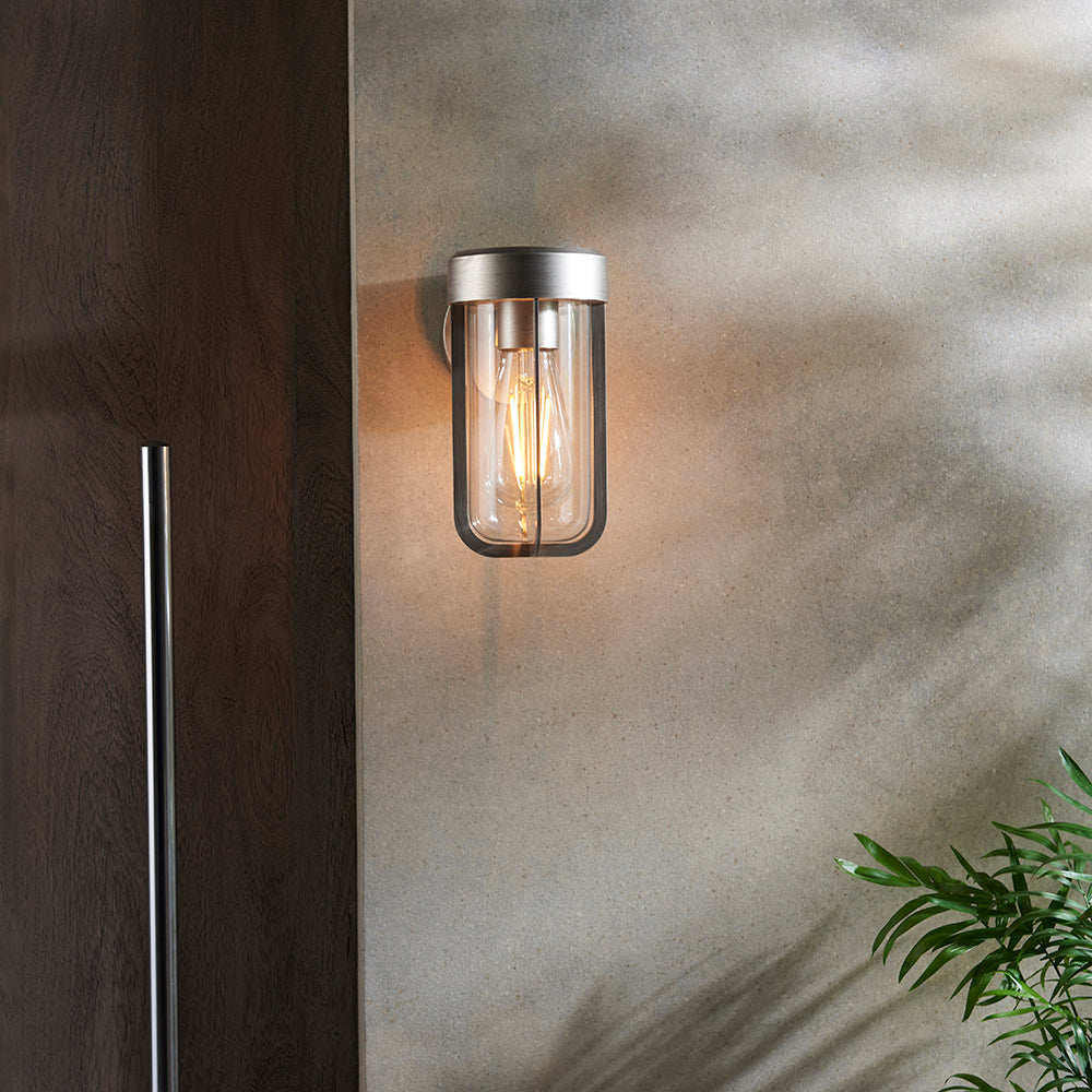 Die Cast IP44 Wall Light In Brushed Silver With Clear Glass  - ID 11068