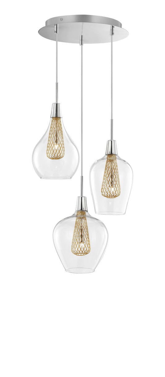Clear Glass and Gold Mesh Triple Pendant - ID 9282