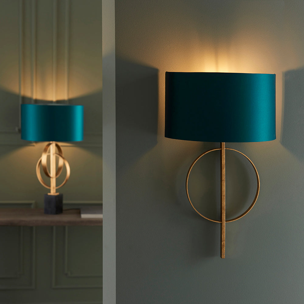 Hoop Detail Wall Light In Gold Leaf With Teal Satin Fabric - ID 11187