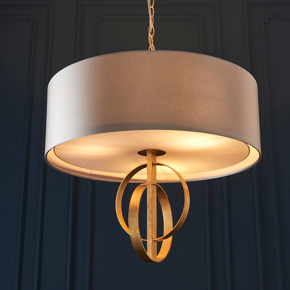 Hoop Detail Medium Three Light Pendant In Gold Leaf With Mink Satin Fabric - ID 11180
