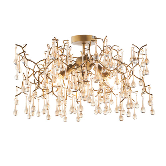 Champagne Lustre Glass Teardrop Semi-Flush Ceiling Light With Aged Gold Metalwork - ID 11138