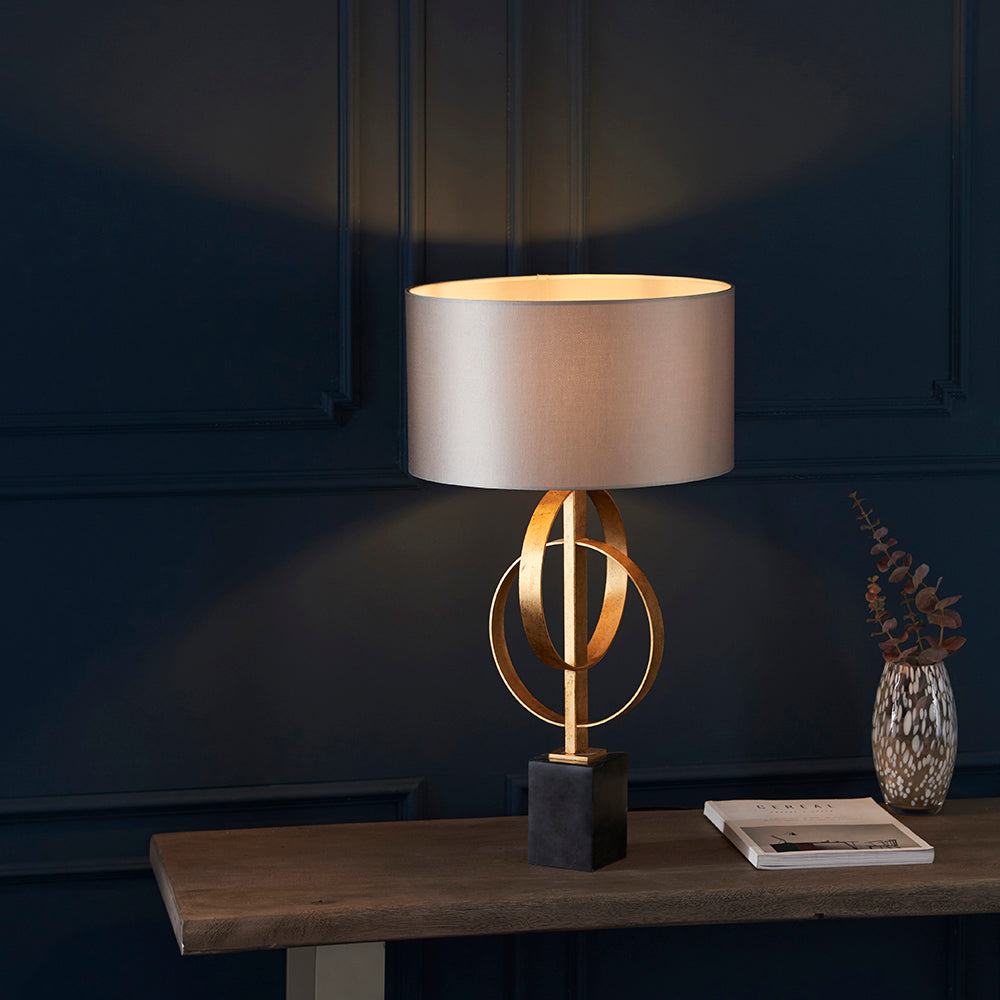 Hoop Detail Table Lamp In Gold Leaf With Mink Satin Fabric & Marble Base - ID 11182