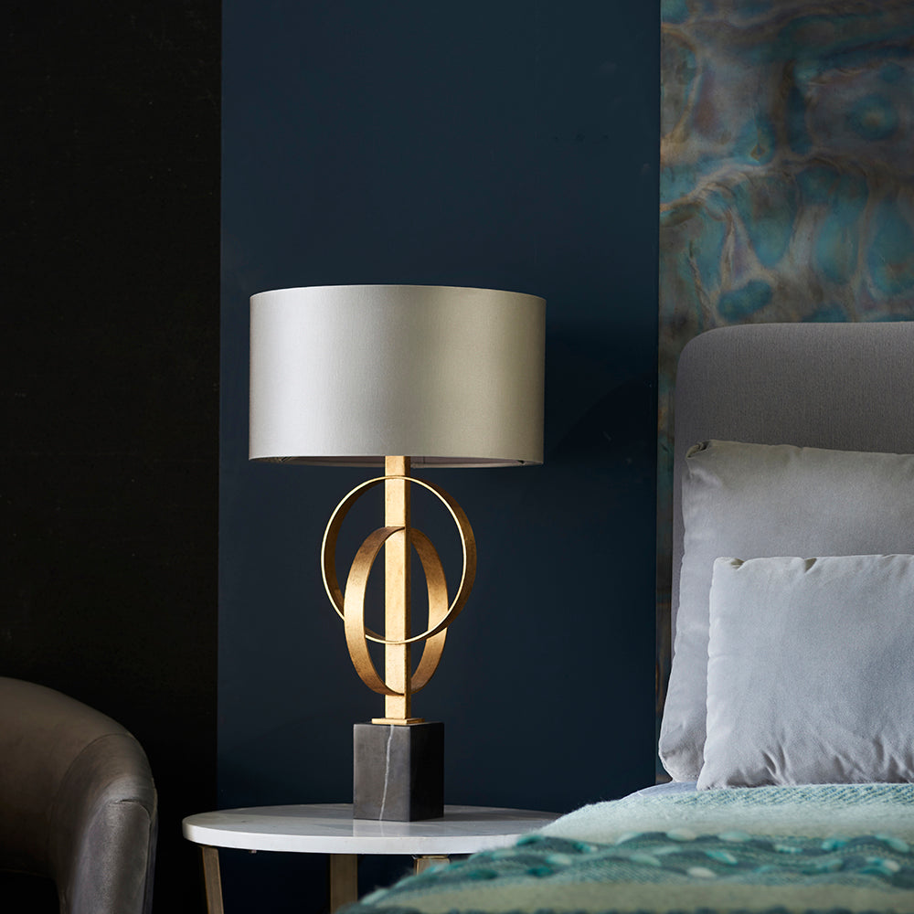 Hoop Detail Table Lamp In Gold Leaf With Mink Satin Fabric & Marble Base - ID 11182