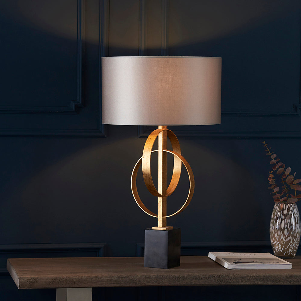 Hoop Detail Table Lamp In Gold Leaf With Mink Satin Fabric & Marble Base - ID 11182