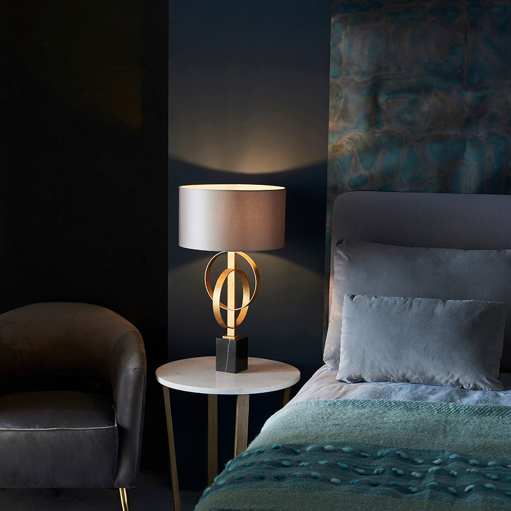 Hoop Detail Table Lamp In Gold Leaf With Mink Satin Fabric & Marble Base - ID 11182