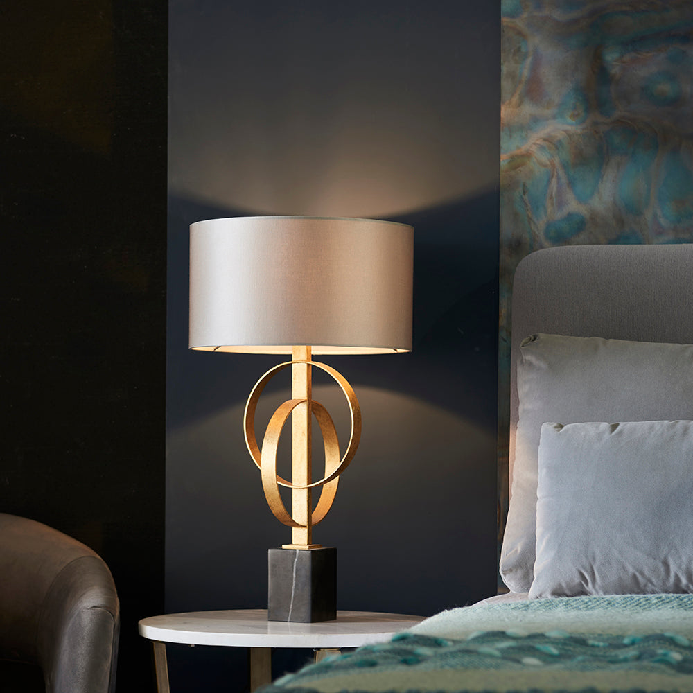 Hoop Detail Table Lamp In Gold Leaf With Mink Satin Fabric & Marble Base - ID 11182