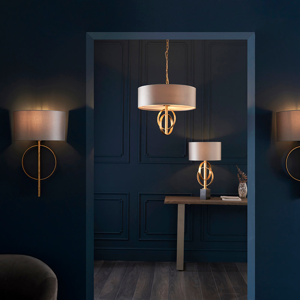 Hoop Detail Table Lamp In Gold Leaf With Mink Satin Fabric & Marble Base - ID 11182