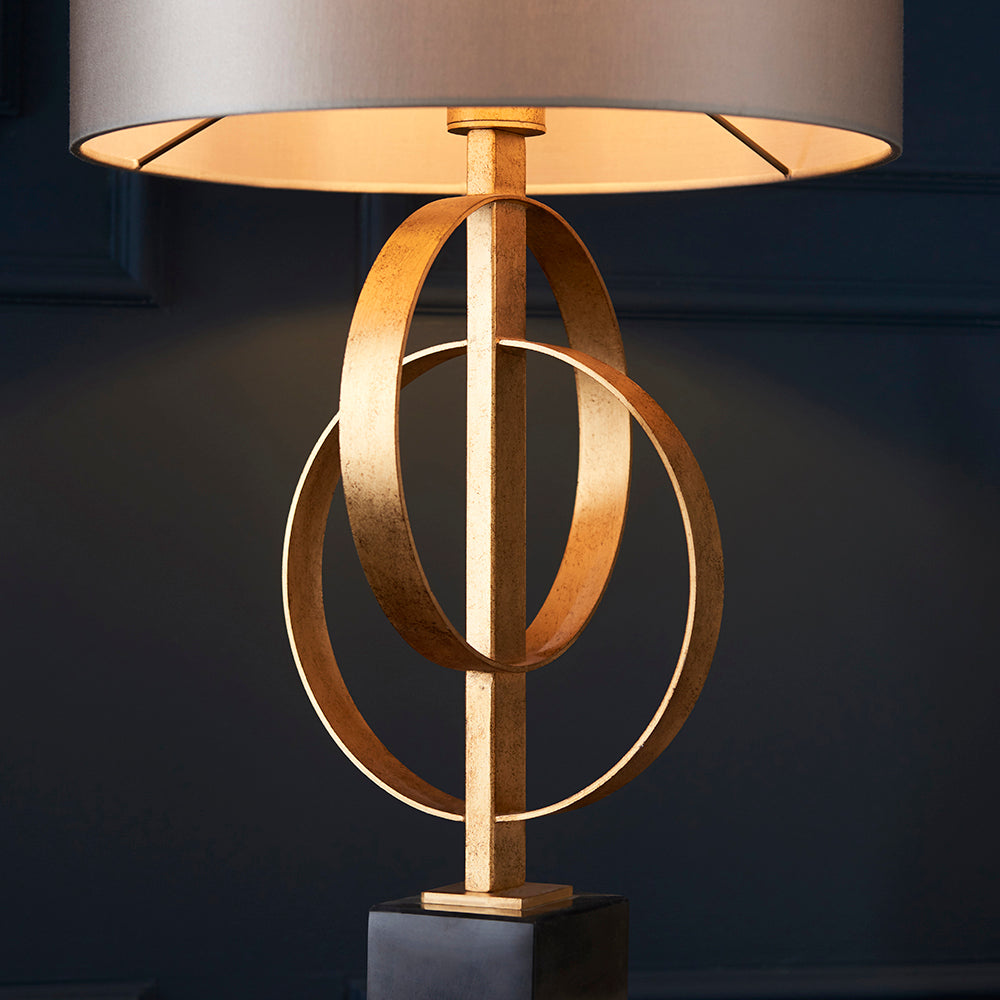 Hoop Detail Table Lamp In Gold Leaf With Mink Satin Fabric & Marble Base - ID 11182