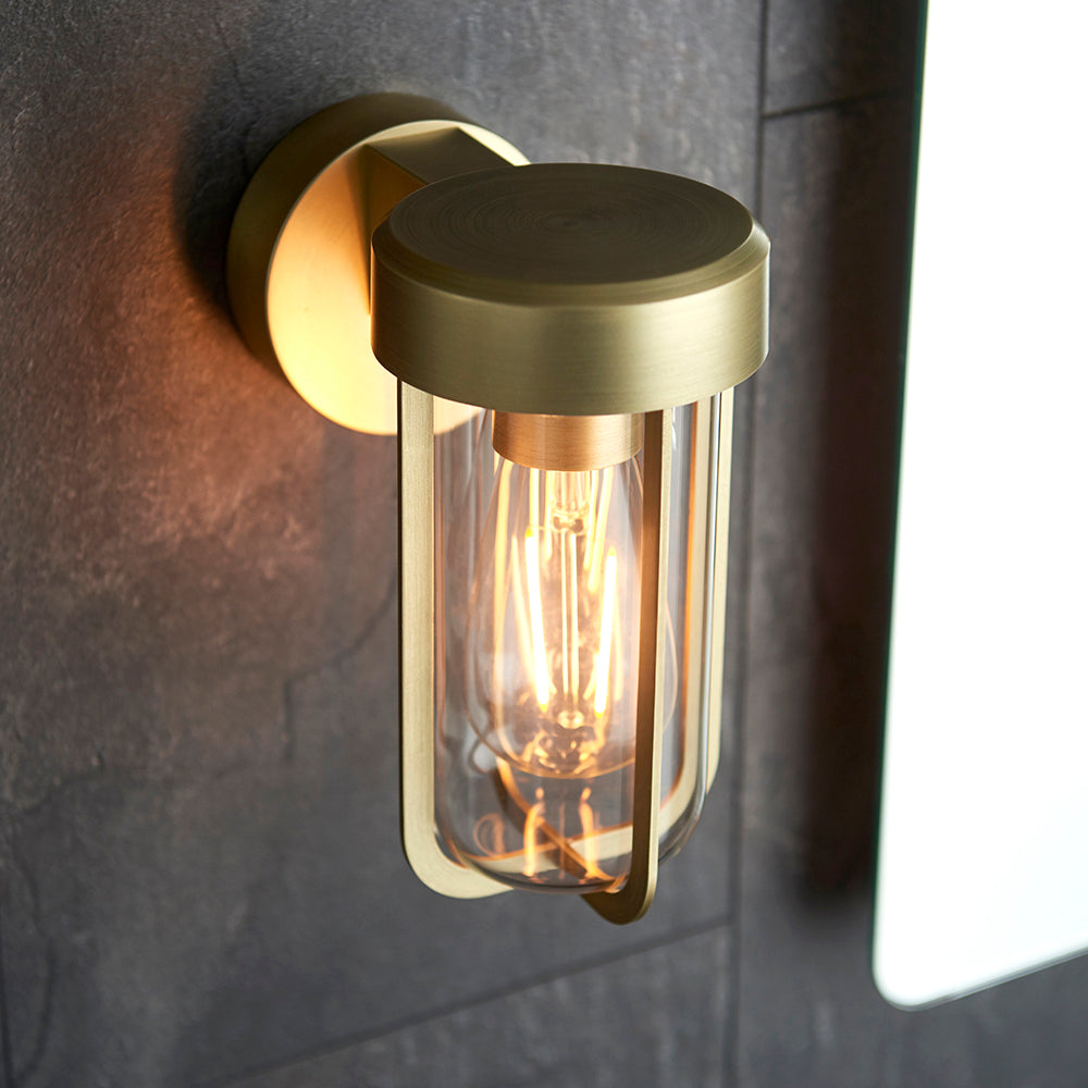 Die Cast IP44 Wall Light In Brushed Gold With Clear Glass  - ID 11071