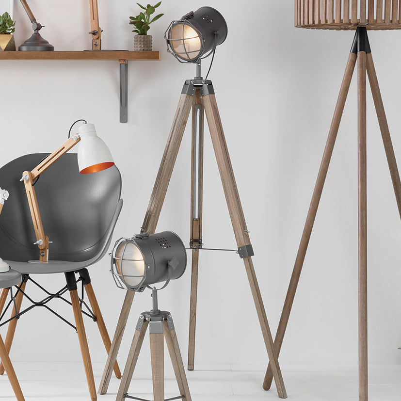 Grey Metal & Antique Wood Tripod Marine Floor Lamp - ID 9837