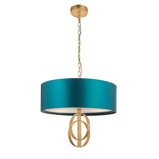 Hoop Detail Medium Three Light Pendant In Gold Leaf With Teal Satin Fabric - ID 11185