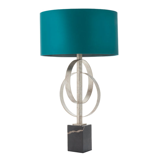 Hoop Detail Table Lamp In Silver Leaf With Teal Satin Fabric & Marble Base - ID 11177