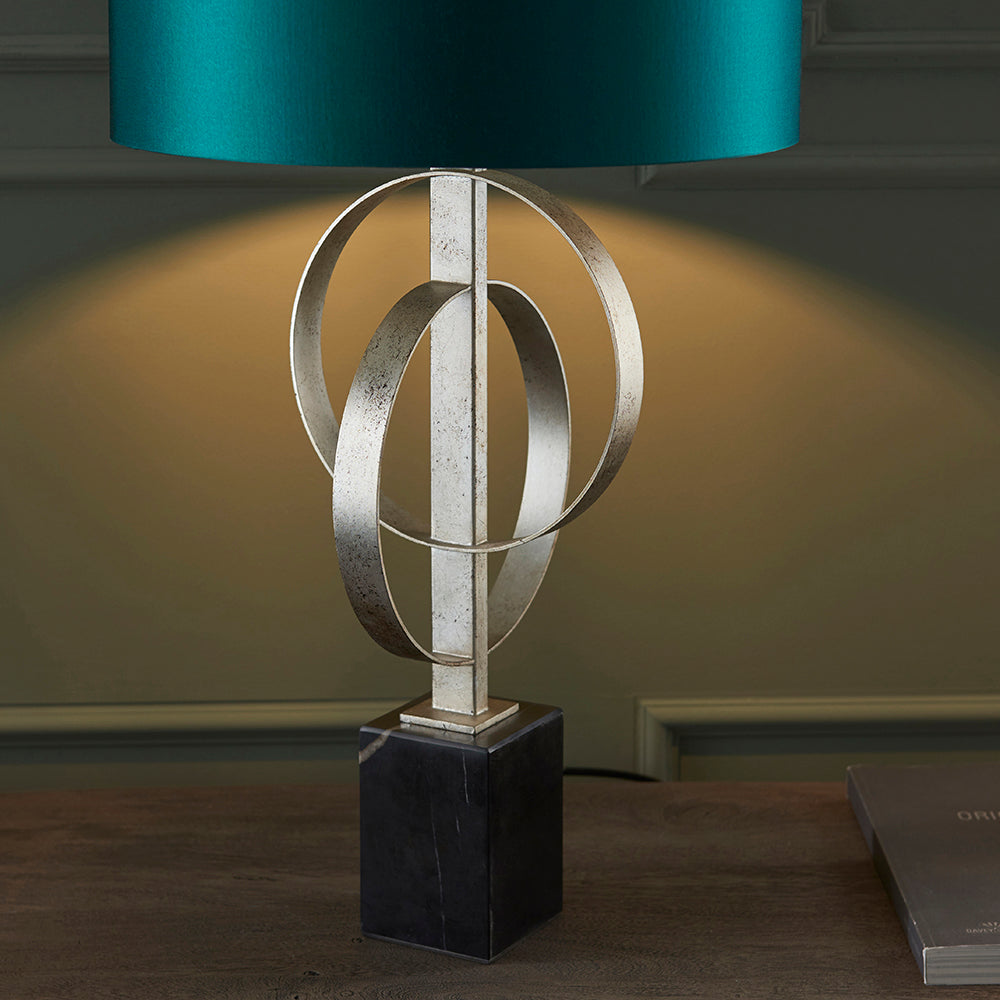 Hoop Detail Table Lamp In Silver Leaf With Teal Satin Fabric & Marble Base - ID 11177