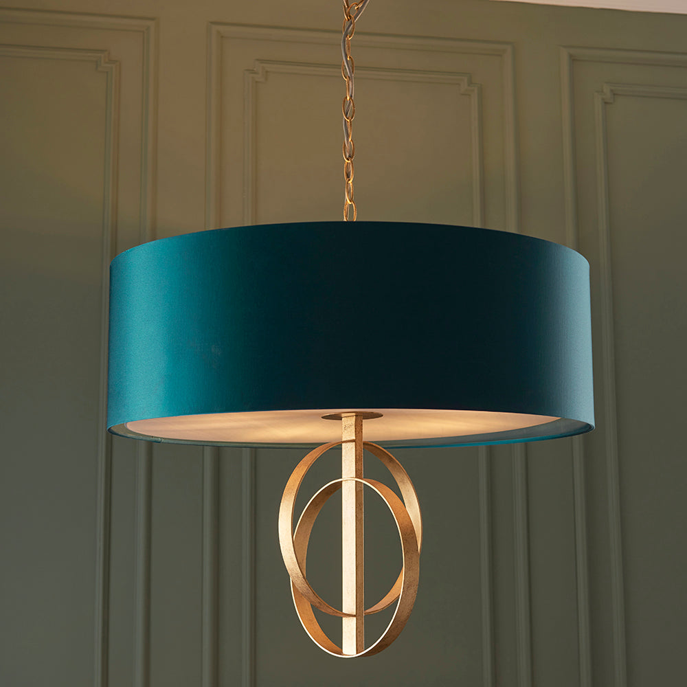 Hoop Detail Large Five Light Pendant In Gold Leaf With Teal Satin Fabric - ID 11184