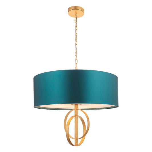 Hoop Detail Large Five Light Pendant In Gold Leaf With Teal Satin Fabric - ID 11184