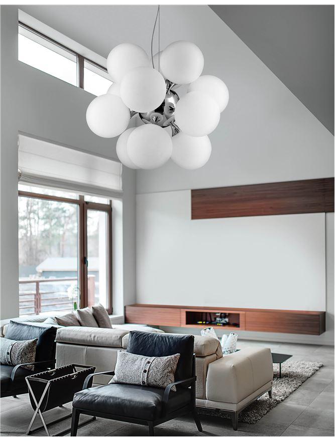 12 Lamp Chrome Ceiling Light With Opal Glass Spheres - ID 7526