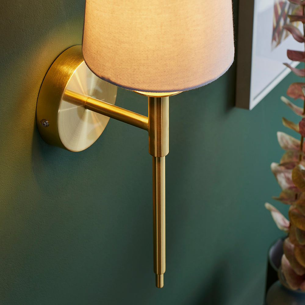 Satin Brass Plated Slimline Wall Light With White Fabric Shade - ID 11131
