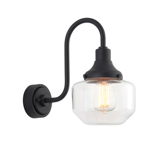 Textured Black With Swan Neck Wall Light With Clear Glass Shade  - ID 12499