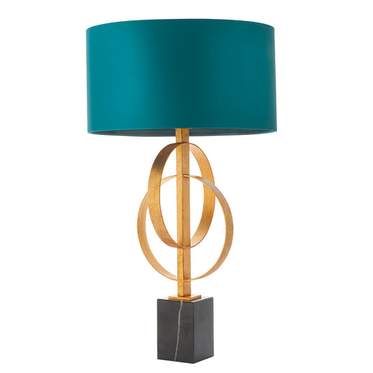Hoop Detail Table Lamp In Gold Leaf With Teal Satin Fabric & Marble Base - ID 11186