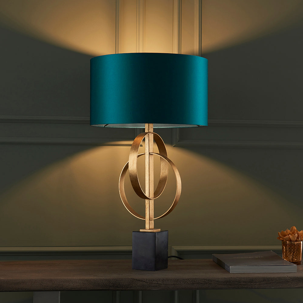 Hoop Detail Table Lamp In Gold Leaf With Teal Satin Fabric & Marble Base - ID 11186