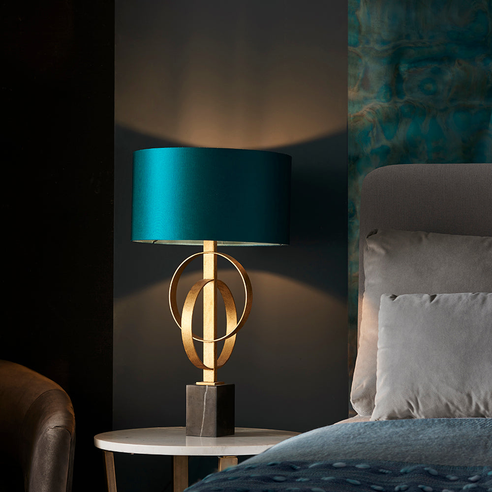 Hoop Detail Table Lamp In Gold Leaf With Teal Satin Fabric & Marble Base - ID 11186