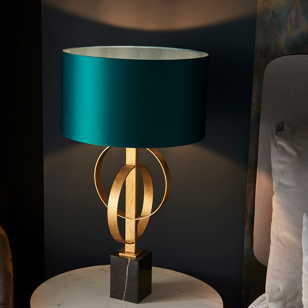 Hoop Detail Table Lamp In Gold Leaf With Teal Satin Fabric & Marble Base - ID 11186